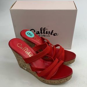 Callisto of CA Bright Red Cork Wedge Heel Sandals Sz 9 Porto Red Strappy New NIB